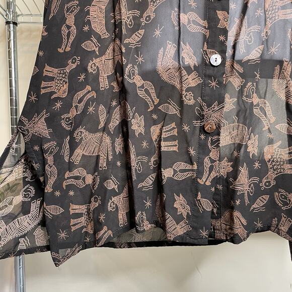 Chico's Women's Black Brown Sheer Animal Print Button Front Blouse Size 3 XL - Picture 10 of 11